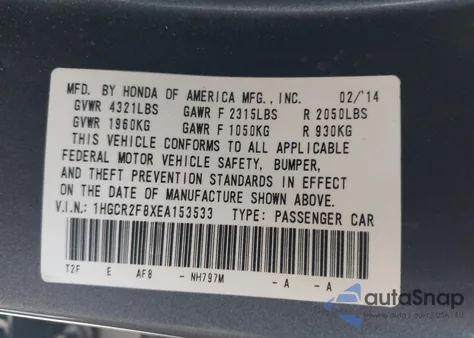 2014 Honda Accord Ex-L z USA, uszkodzony, nr VIN 1HGCR2F8XEA153533